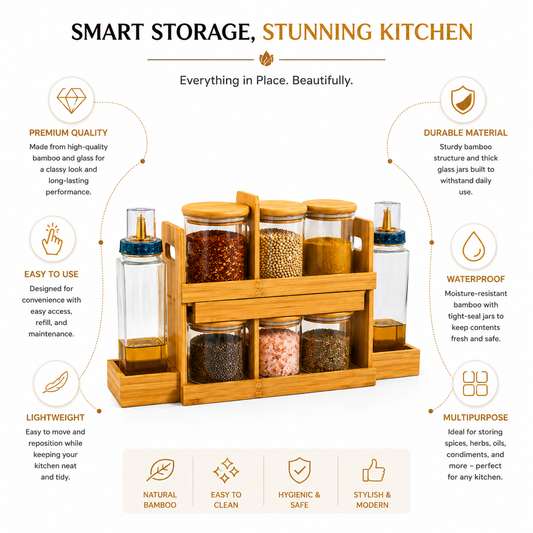 Borosilicate Glass Jar Set with Bamboo Rack – 6 Spice Jars & 2 Oil Vinegar Bottles