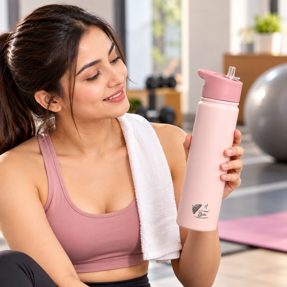 Born Chef Stainless Steel Insulated Water Bottle 750ml with Straw Flip-Top Lid - Pastel Pink Matte Finish