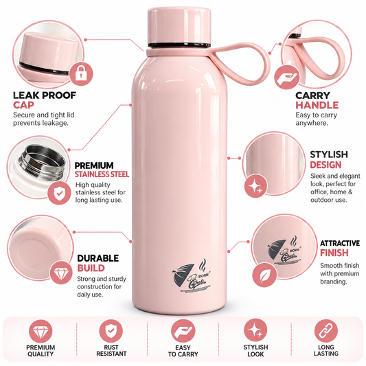 Born Chef Premium Stainless Steel Water Bottle 750ml | Leak-Proof Cap, Silicone Carry Handle, Rust Resistant | Pastel Pink Glossy Finish
