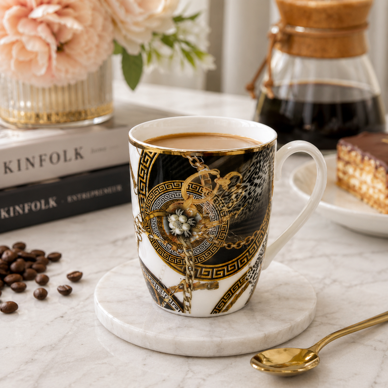 BORN Chef Premium Versace Style Black Gold Ceramic Mug Set of 6 | Greek Key Chain Design | Gift Box