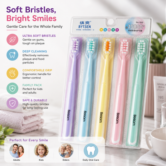 Besom Soft Toothbrush Set – Pack of 5 Multicolor (10000+ Bristles)
