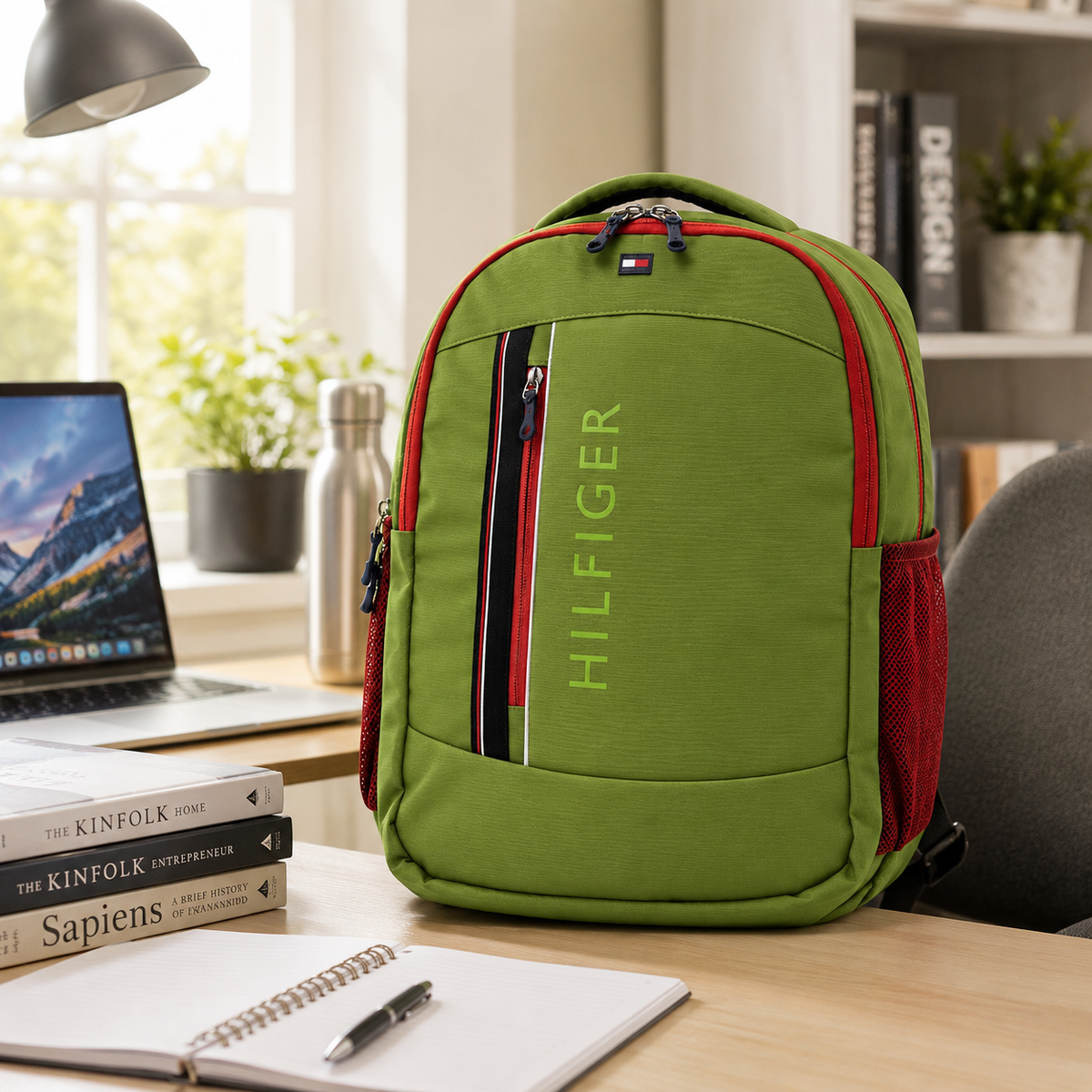 Tommy Hilfiger Backpack | Green & Red | School College Travel Bag