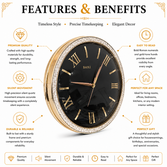 Baoli Oval Wall Clock | Black Dial | Gold Frame | Crystal Border | Roman Numerals