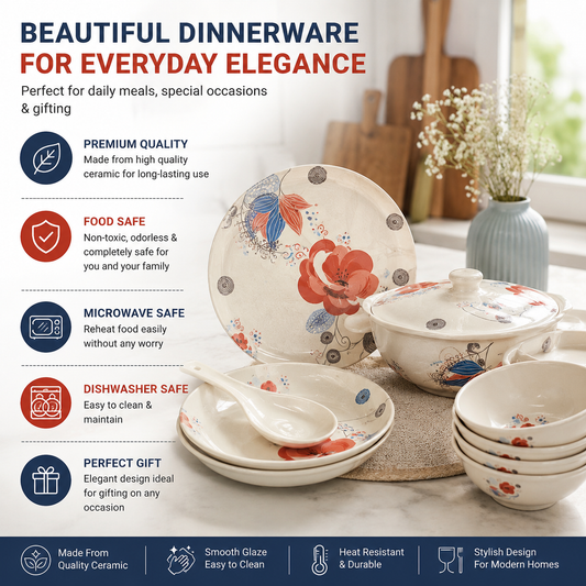 Born Chef 32 PC Tableware Melamine Dinner Set - Red Floral Design