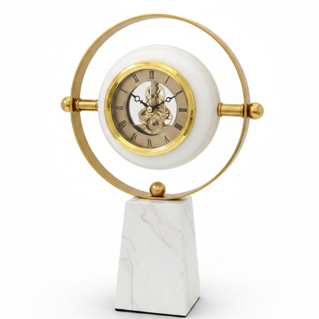 Luxury Marble & Gold Skeleton Table Clock | Roman Numeral Desk Clock