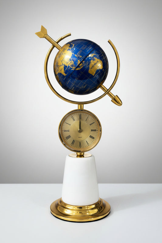 Luxury Armillary Arrow Globe Table Clock – Blue & Gold World Map Globe (White Marble Base)