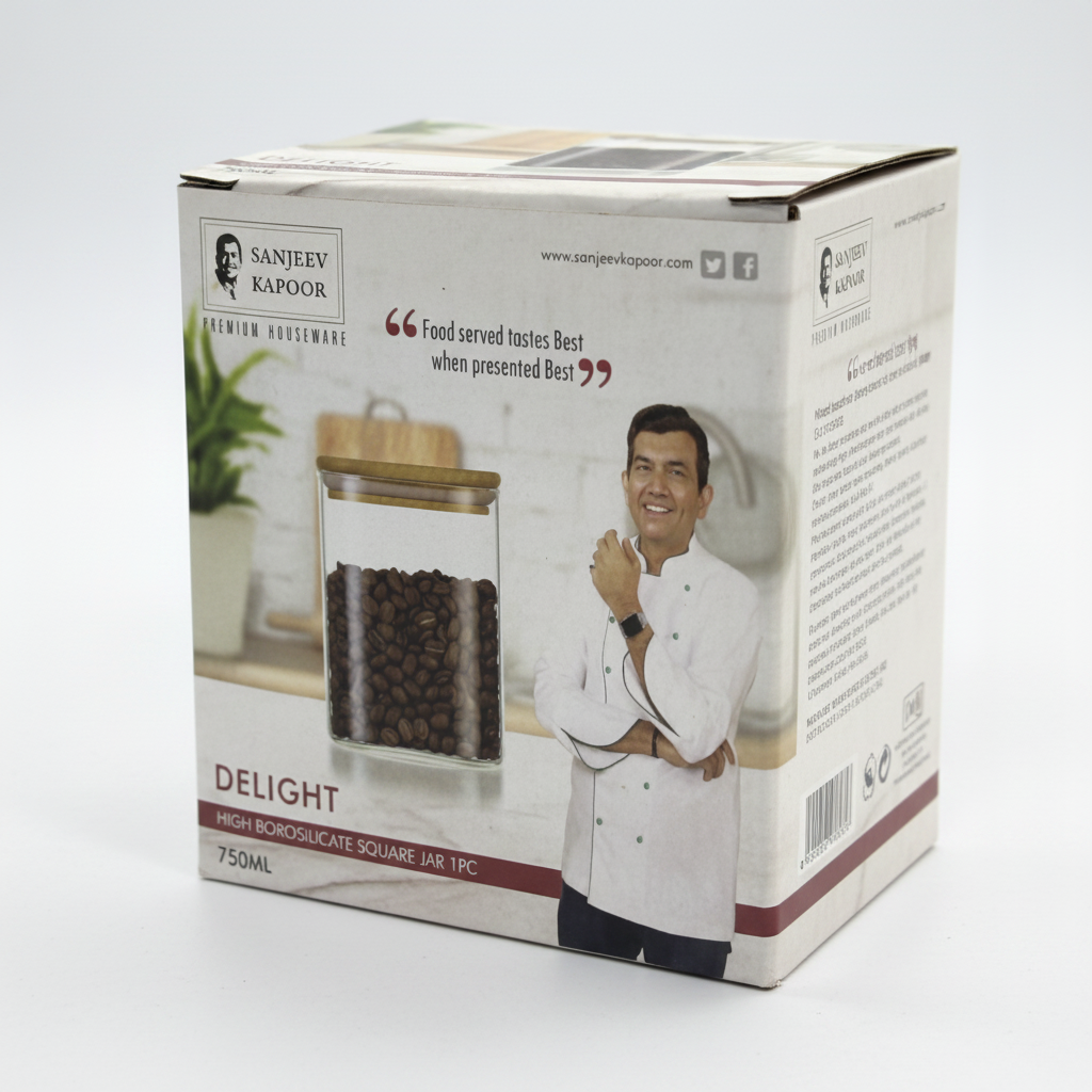 Sanjeev Kapoor DELIGHT 750ml high borosilicate square jar - product box packaging