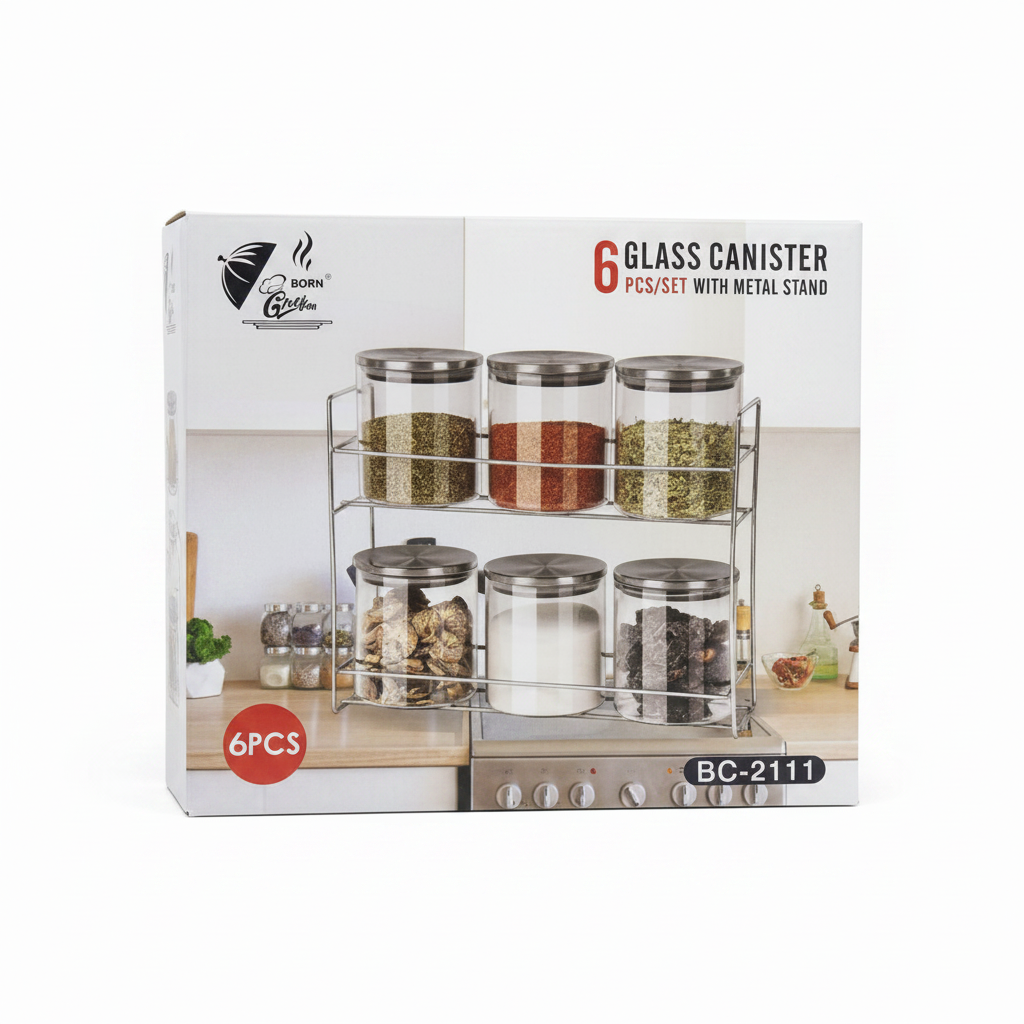 6 Piece Glass Canister Set with Chrome Metal Stand | Kitchen Storage Organizer