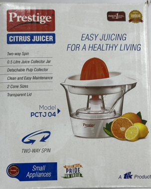 Prestige Citrus Juicer PCTJ 04 - product box showing features and specifications