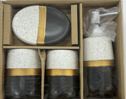 Ceramic Bathroom Accessories Set - 4 Piece (Black & White Speckled, Gold Band)