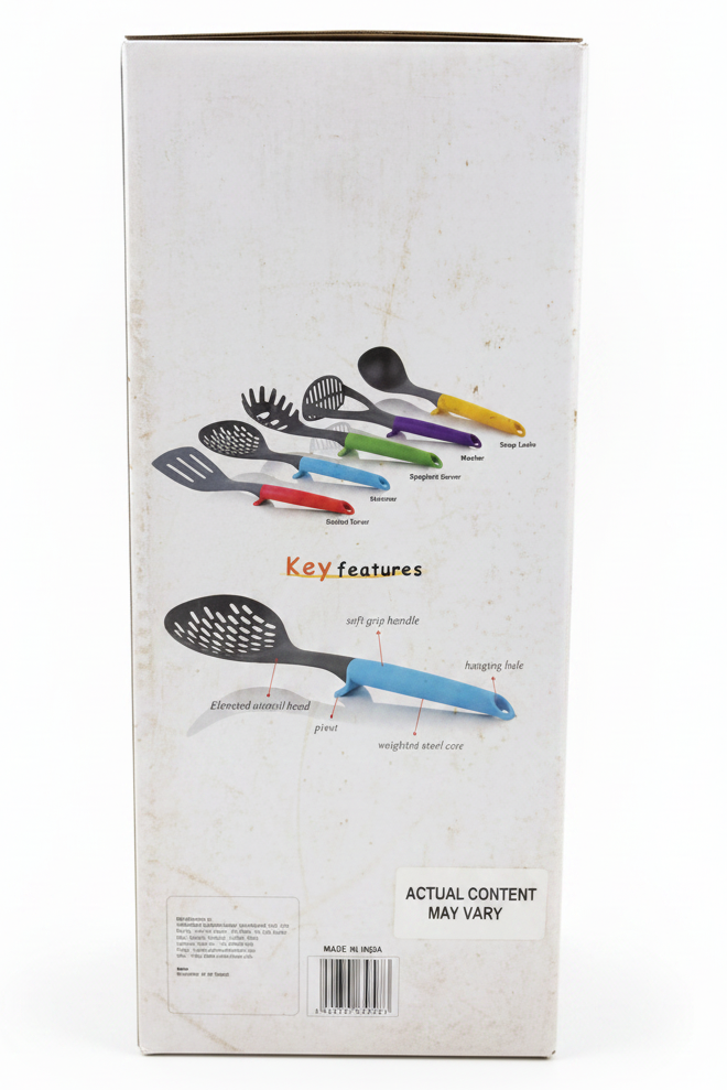 5-in-1 Multicolor Kitchen Tool Set with Grater Stand | Spatula, Pasta Server, Slotted Spoon