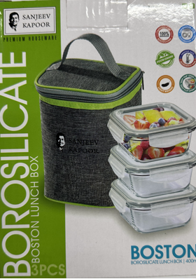 Sanjeev Kapoor Boston 3 Pcs Borosilicate Square Lunch Box with Insulated Bag – 400ml Each