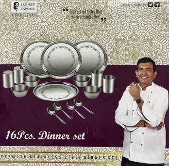 Sanjeev Kapoor 16 Pcs Premium Stainless Steel Dinner Set – Mirror Finish with Floral Etching