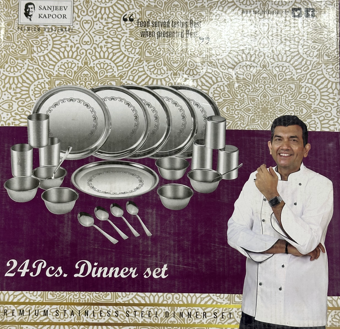 Sanjeev Kapoor 24 Pcs Premium Stainless Steel Dinner Set – Mirror Finish with Floral Etching