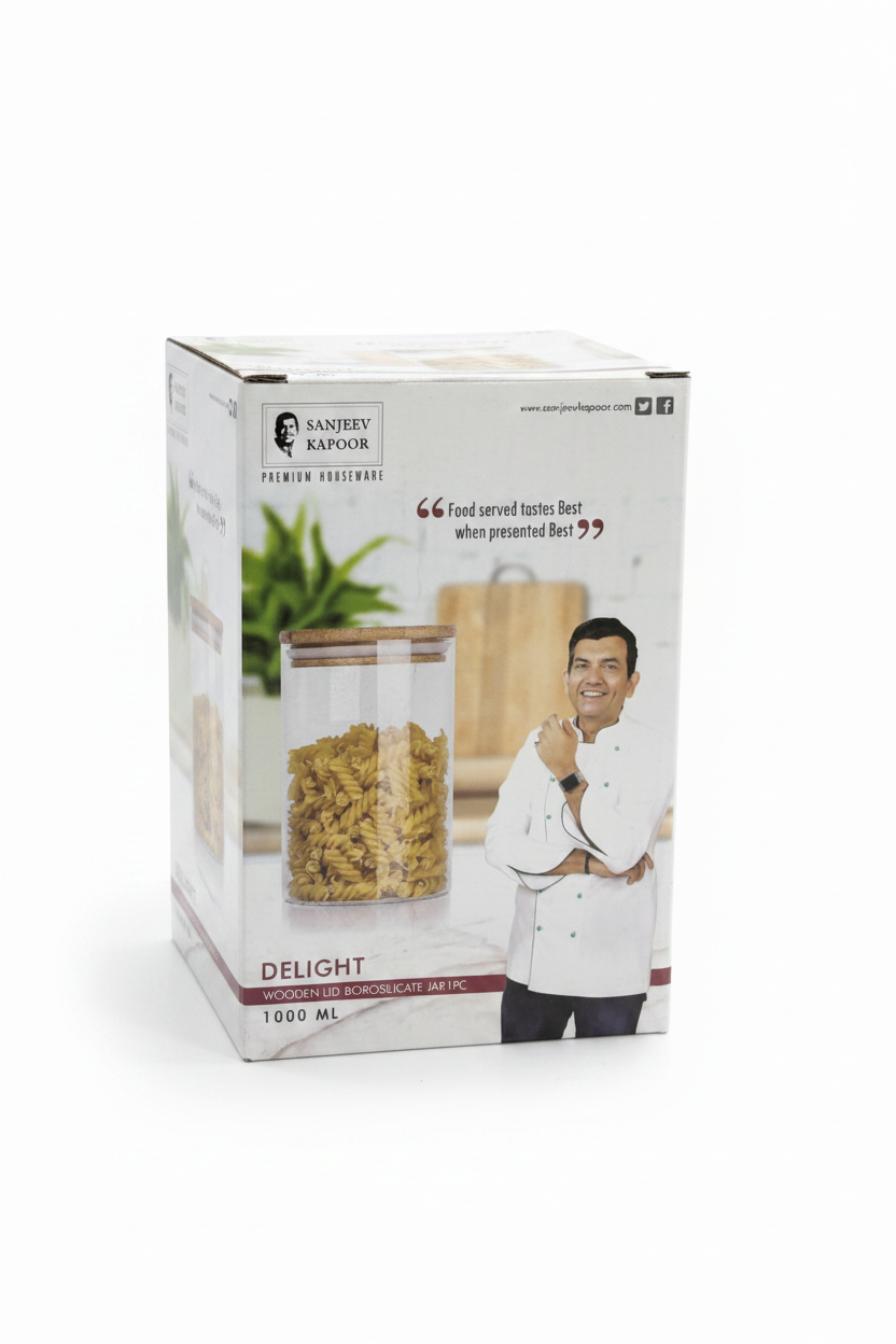 Sanjeev Kapoor Delight Wooden Lid Borosilicate Glass Jar | 1000ml | Food Storage Container