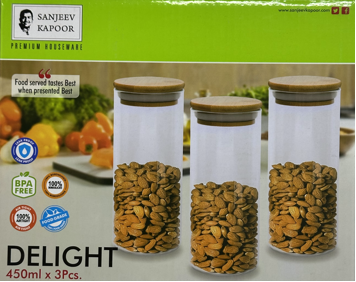 Borosilicate Glass Storage Jar Set with Bamboo Lid – Set of 3 (450ml Each)