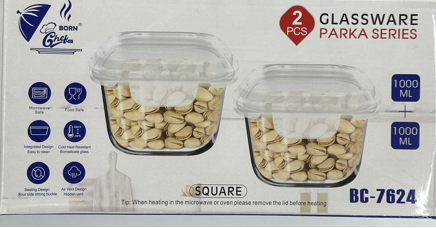 Born Chef Glassware Parka Series Square Container Set 2Pcs 1000ml