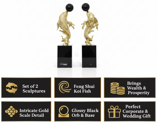 Gold koi fish sculpture benefits infographic Amazon India