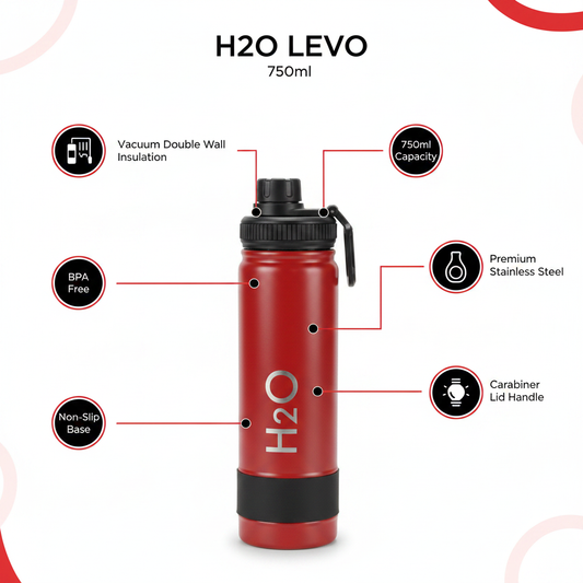 H2O LEVO 750ml red bottle - infographic with key features