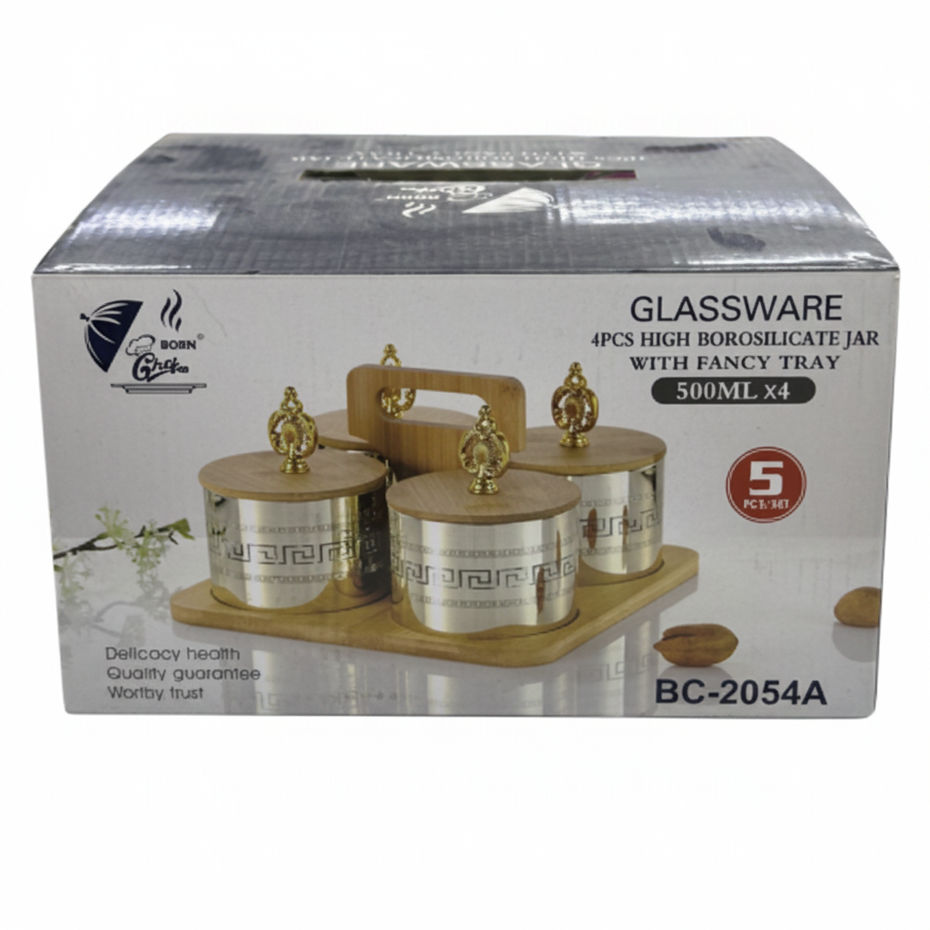 Born Chef BC-2054A Glassware 4 Pcs Borosilicate Jar Fancy Tray Product Box White Background
