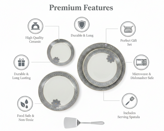 Premium Ceramic 8 Pcs Cake Plate Set Grey Clover - Features Infographic