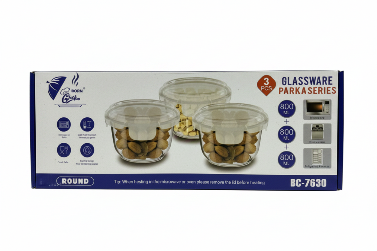 Born Chef BC-7630 Parka Series 3 Pcs Round Glass Container Box White Background