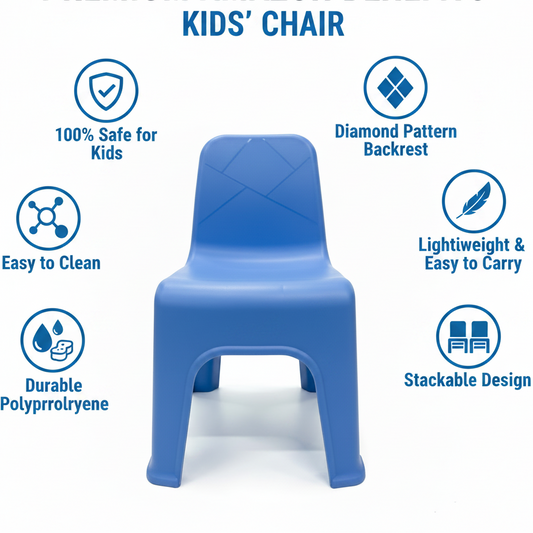 Blue kids plastic chair benefits infographic Amazon India