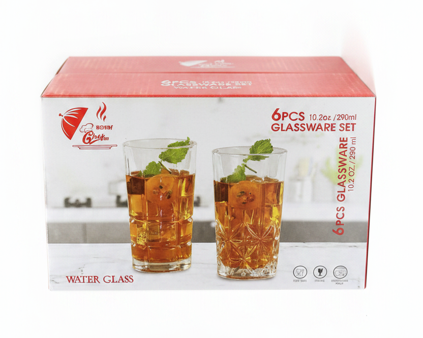 Rooster 6 Pcs Water Glass Set Box Packaging White Background