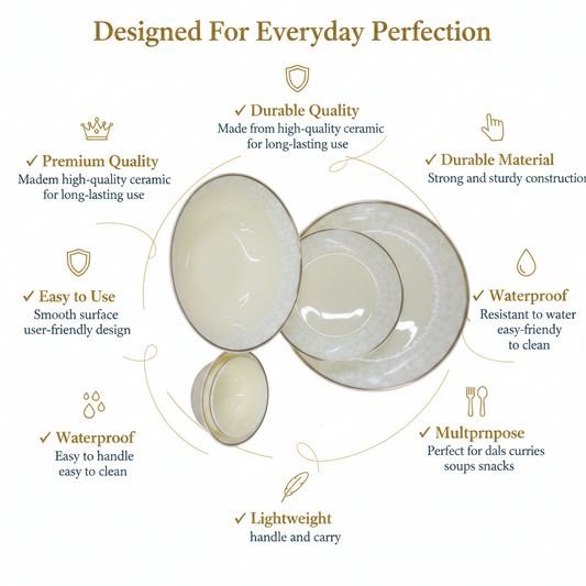 33 Pcs Ivory Ceramic Dinner Set | Gold Rim | Premium Bone China Style Tableware