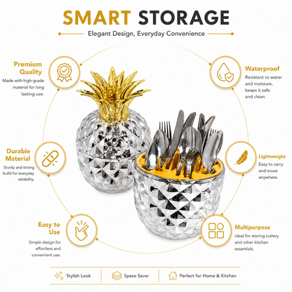 Pineapple Stainless Steel Tableware Set – Hygienic, Rust-Proof Cutlery with Gold Crown Holder