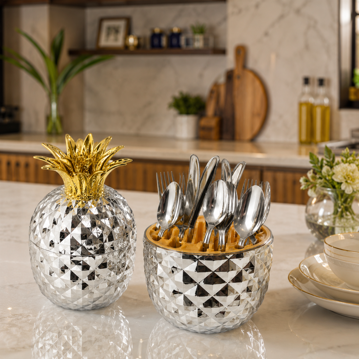 Pineapple Stainless Steel Tableware Set – Hygienic, Rust-Proof Cutlery with Gold Crown Holder