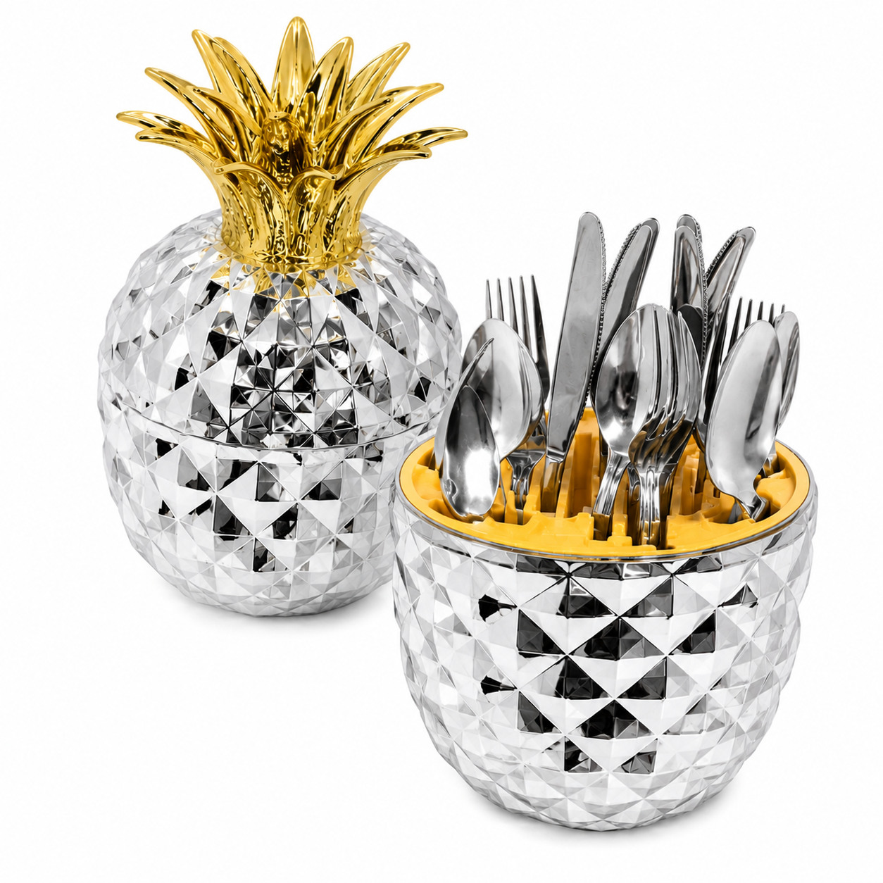 Pineapple Stainless Steel Tableware Set – Hygienic, Rust-Proof Cutlery with Gold Crown Holder