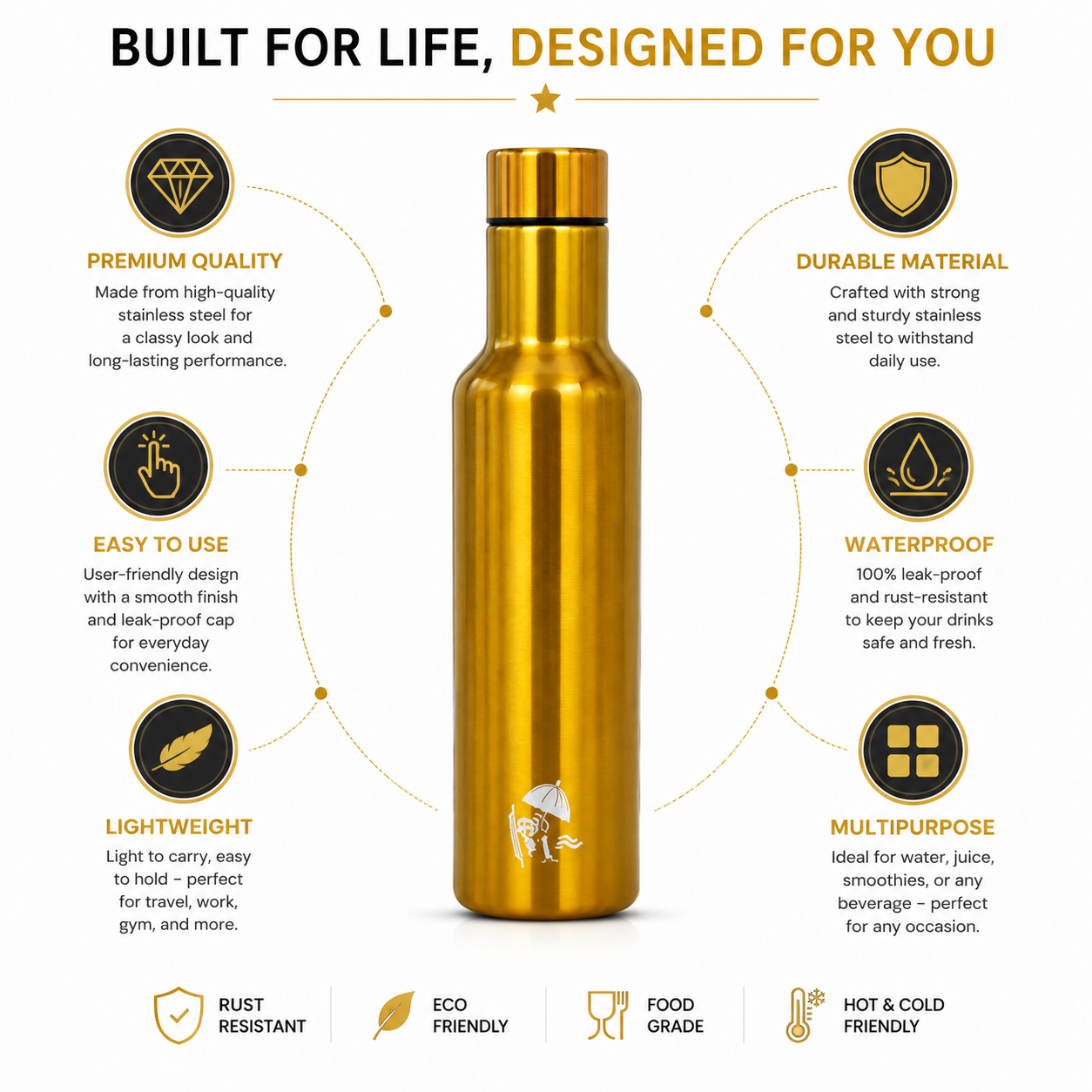 Stainless Steel Water Bottle | Golden | BC-9004