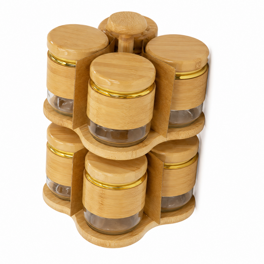 Glass Storage Jar Set with Fancy Rack – Gold Finish Kitchen Organizer