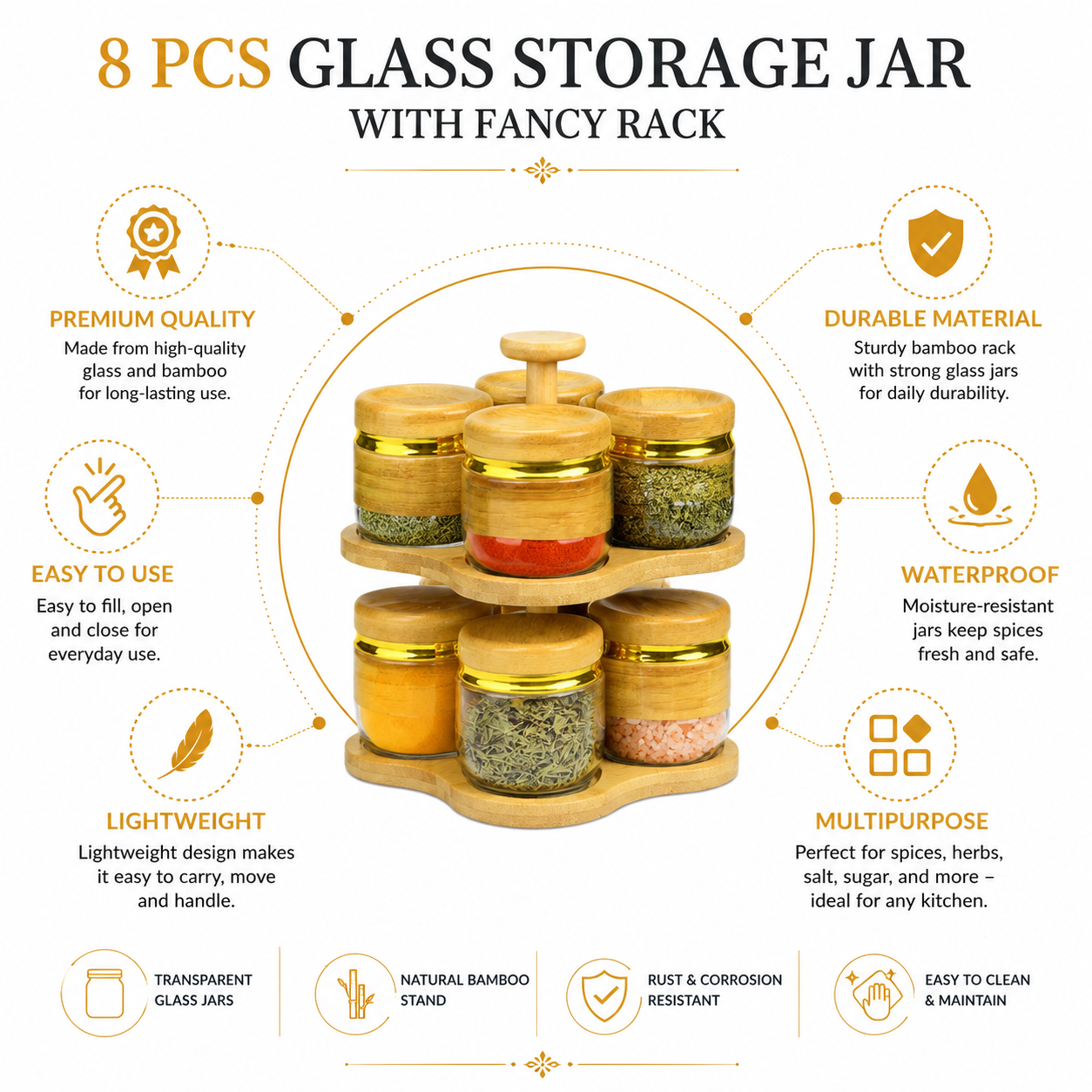 Glass Storage Jar Set with Fancy Rack – Gold Finish Kitchen Organizer