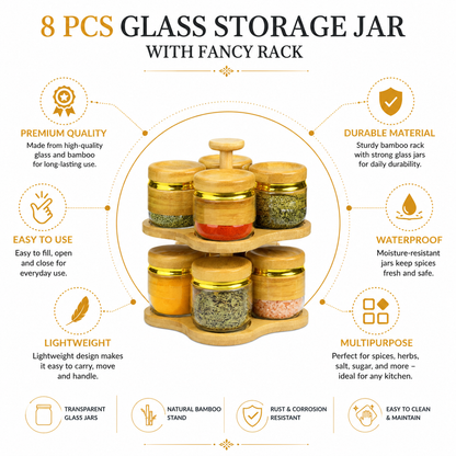 Glass Storage Jar Set with Fancy Rack – Gold Finish Kitchen Organizer