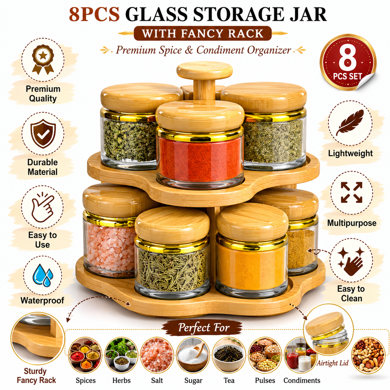 Glass Storage Jar Set with Fancy Rack – Gold Finish Kitchen Organizer