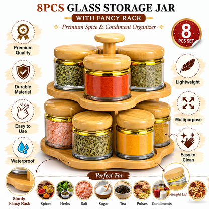 Glass Storage Jar Set with Fancy Rack – Gold Finish Kitchen Organizer