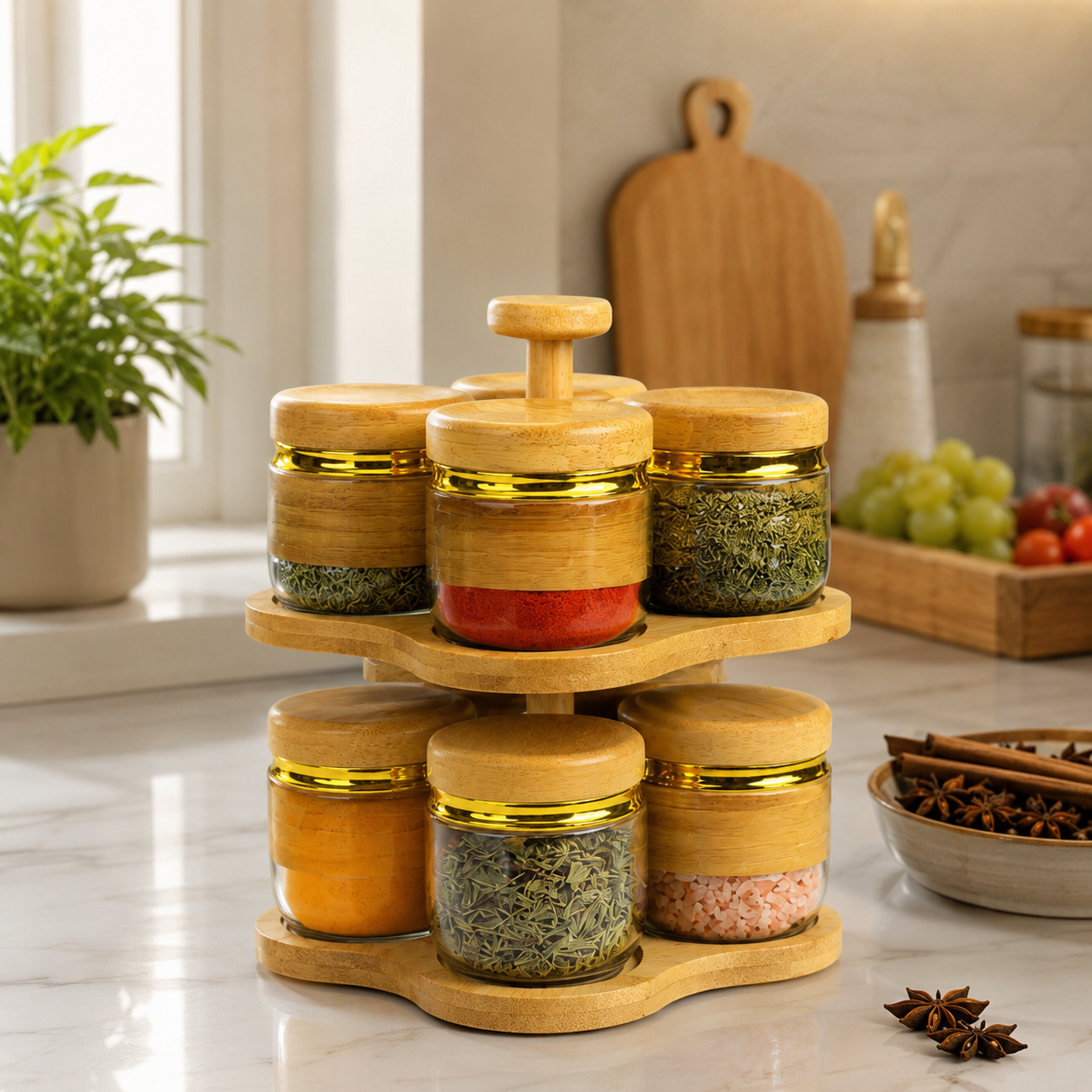 Glass Storage Jar Set with Fancy Rack – Gold Finish Kitchen Organizer