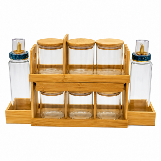 Borosilicate Glass Jar Set with Bamboo Rack – 6 Spice Jars & 2 Oil Vinegar Bottles