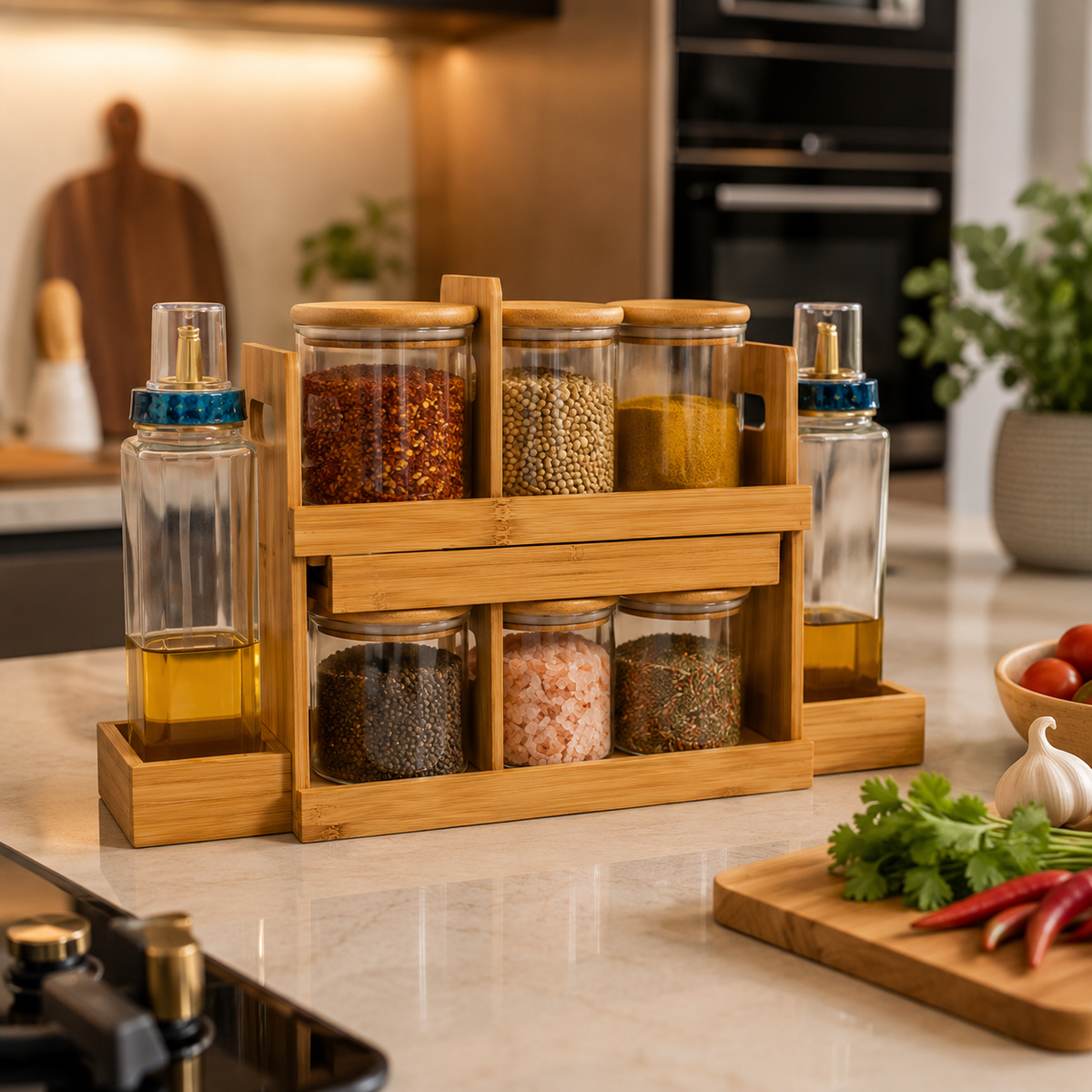 Borosilicate Glass Jar Set with Bamboo Rack – 6 Spice Jars & 2 Oil Vinegar Bottles