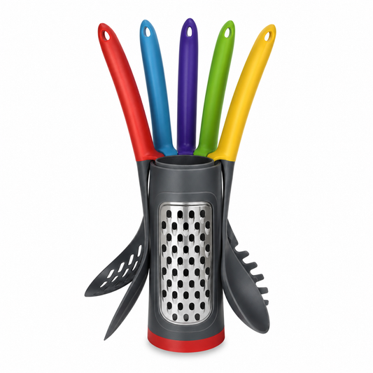 5-in-1 Multicolor Kitchen Tool Set with Grater Stand | Spatula, Pasta Server, Slotted Spoon