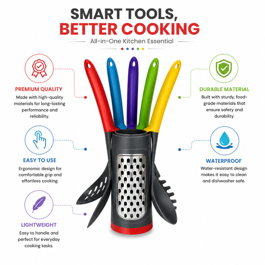 5-in-1 Multicolor Kitchen Tool Set with Grater Stand | Spatula, Pasta Server, Slotted Spoon