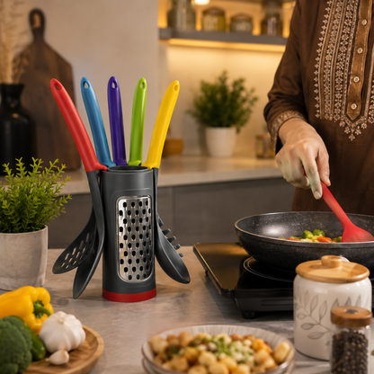 5-in-1 Multicolor Kitchen Tool Set with Grater Stand | Spatula, Pasta Server, Slotted Spoon