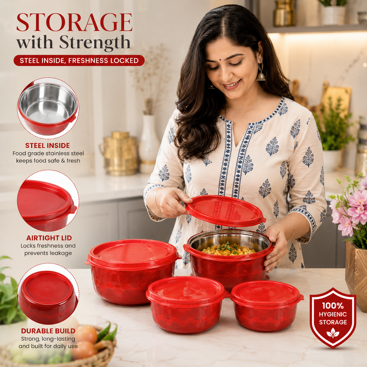 Shri & Sam Europa 4 Pcs Storage Bowl Set | Steel Inside | Airtight Lid | Microwave Friendly