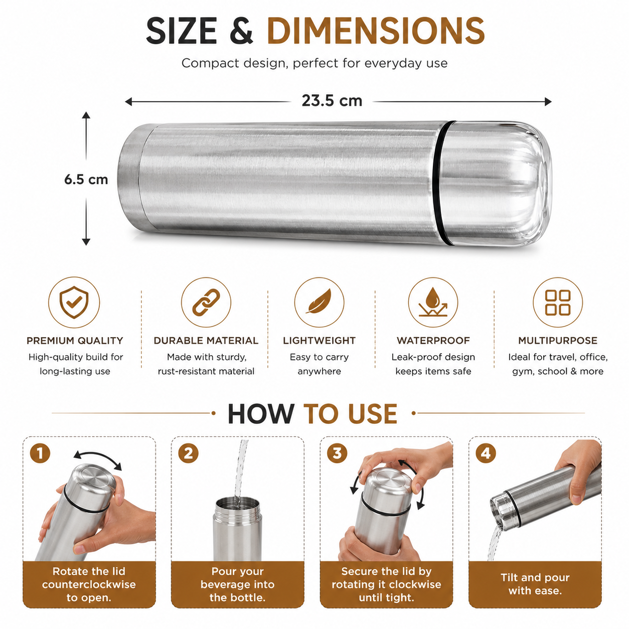 500ml Double Wall Stainless Steel Water Bottle with Bag | Model BC-5020