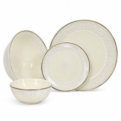 33 Pcs Ivory Ceramic Dinner Set | Gold Rim | Premium Bone China Style Tableware