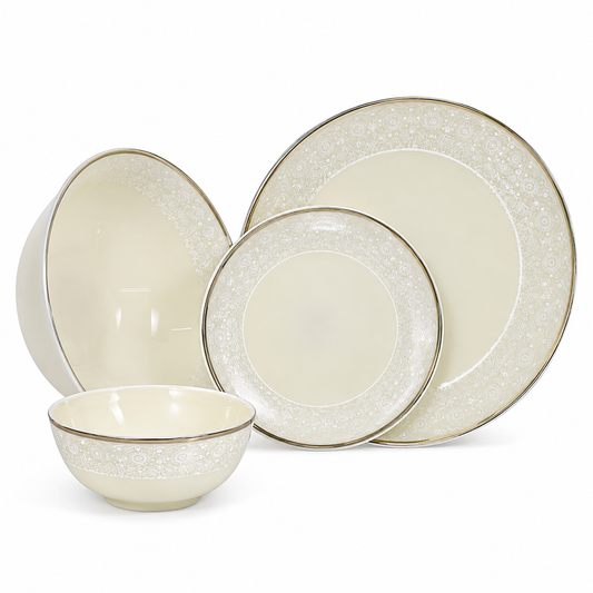 33 Pcs Ivory Ceramic Dinner Set | Gold Rim | Premium Bone China Style Tableware