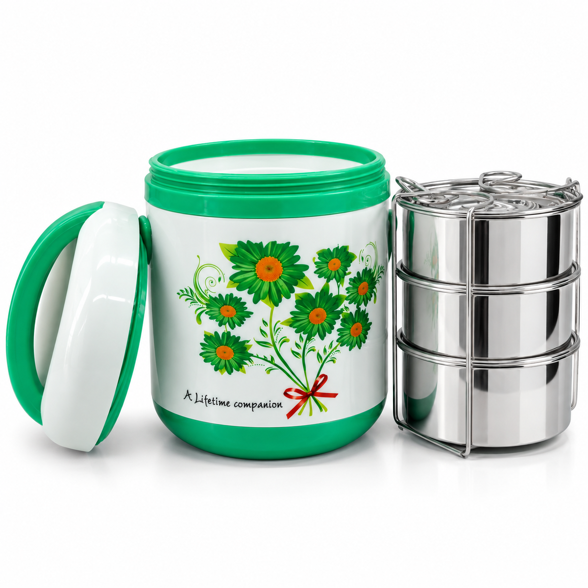Everwel Insulated Smart Tiffin Box with 3-Tier Steel Containers, Green