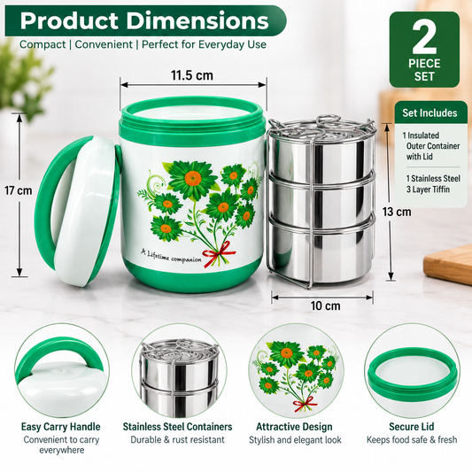 Everwel Insulated Smart Tiffin Box with 3-Tier Steel Containers, Green